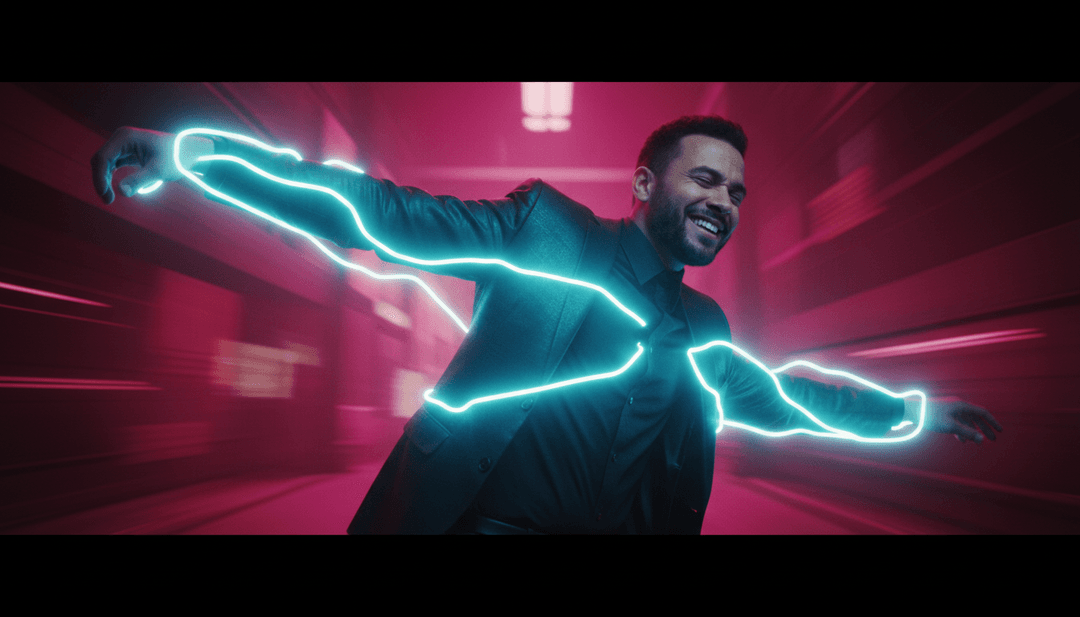 Um artista interagindo com a interface Freebeat.ai, mostrando um videoclipe gerado por IA concluído para '12 to 12' sendo reproduzido em uma tela, com opções para download de letras e conversor de MP3 para MP4.