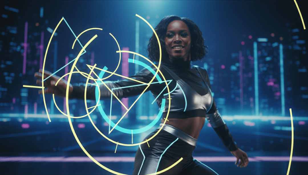 Representación visual abstracta de música dance-pop, con líneas energéticas y colores vibrantes arremolinándose alrededor de un ritmo central.