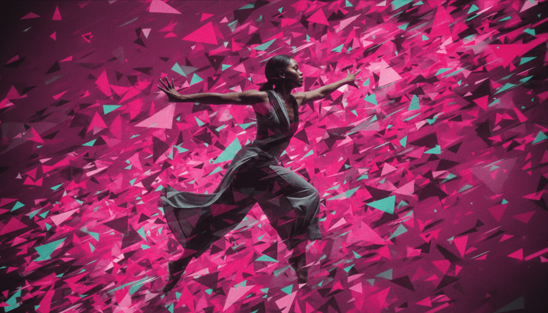 Una imagen fija de un video musical terminado y de alta calidad con vibrantes escenas de baile, superpuesta con subtítulos gratuitos y un logotipo de freebeat.ai, lo que implica facilidad de creación.