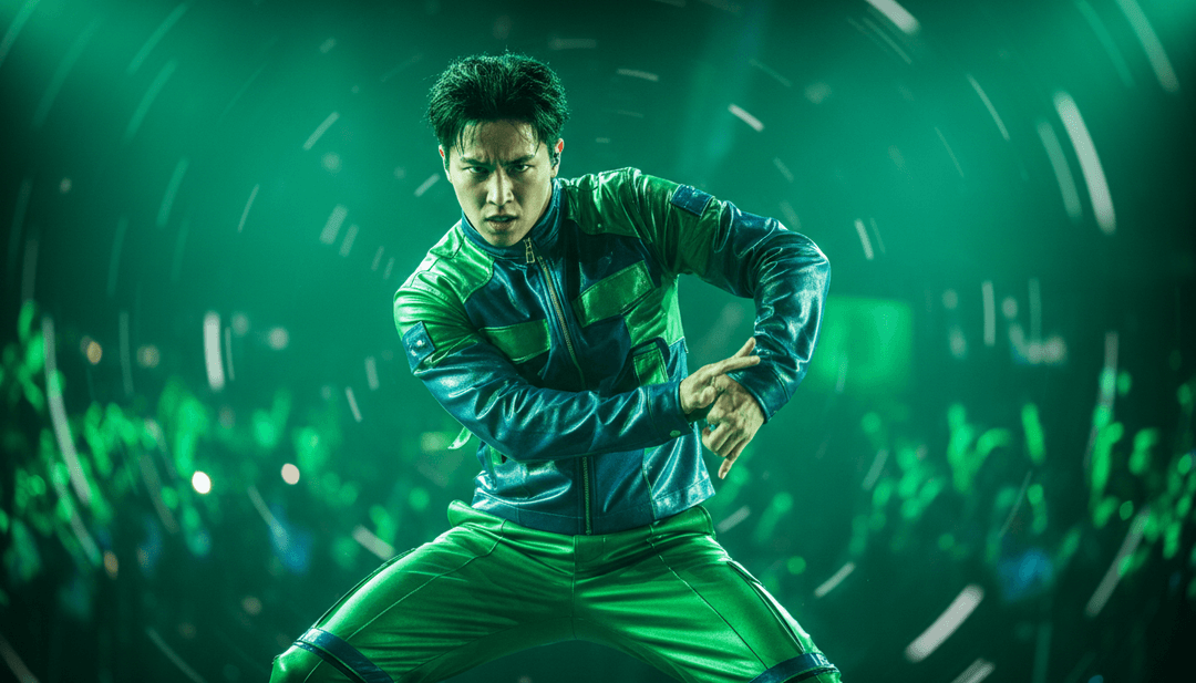 Représentation visuelle abstraite d'une chorégraphie K-Pop évoluant en un emblème numérique et lumineux de chasseur de démons, animé en synchronisation avec des rythmes EDM pour le clip musical 'Soda Pop'.