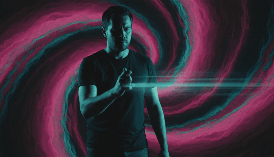 Callum J Wright의 'Paradise'를 위한 AI 생성 비주얼 콘셉트. 흐르는 디지털 물과 함께 유토피아적 풍경으로 수렴하는 추상적인 전자 광선 흔적을 보여줍니다.