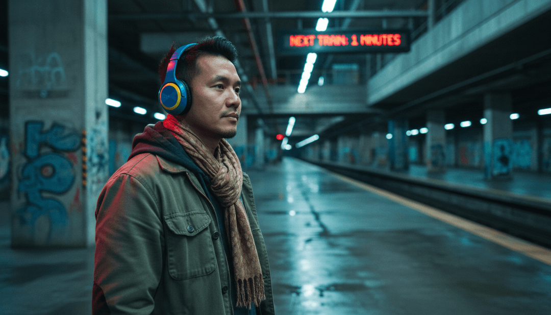 'Above The Station' 뮤직 비디오를 위한 몽타주 시퀀스로, 활기찬 신스 패턴이 거리 풍경으로 변모하고, 보컬 라인이 미묘한 시각적 잔향으로 움직이는 모습을 묘사합니다.