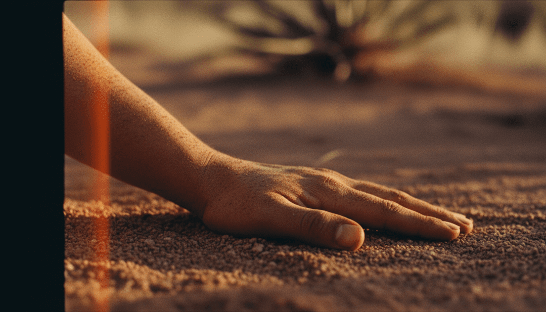 KI interpretiert Folkmusik mit Naturlandschaften, einem Gummiband-Motiv und menschlichen Silhouetten, die Widerstandsfähigkeit symbolisieren.