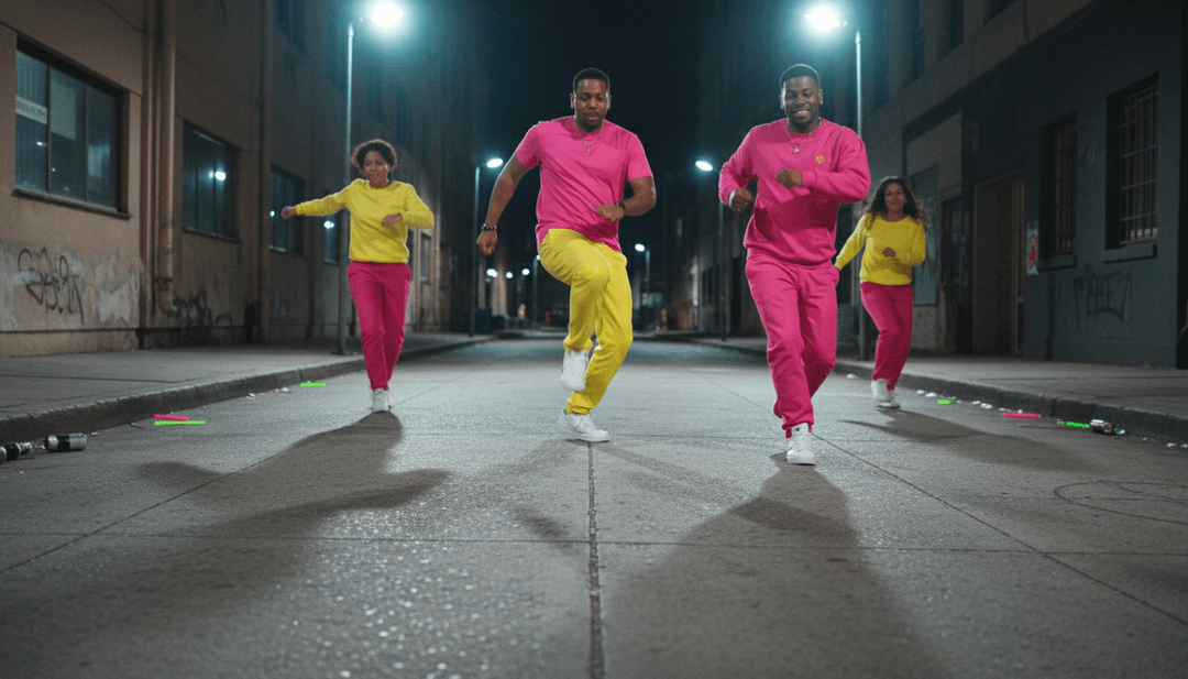 Dynamische visuelle Szenen, die sich aus den Liedtexten von 'Hard Earned Money' von Kenzie Vois entwickeln und animierte Elemente wie Stadtbilder, Kampf und Erfolg zeigen.