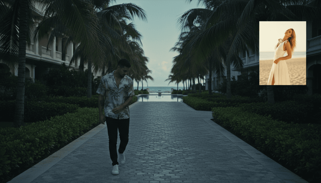 Elementos visuales dinámicos como olas del océano, paisajes urbanos y expresiones emocionales siendo generados en sincronía con los ritmos de 'Hawái' por freebeat.ai.