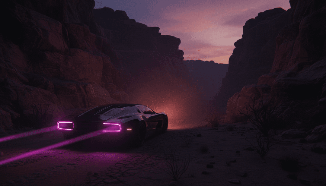 The Weeknd 的 'Blinding Lights' 音訊波形的抽象視覺化,轉變為霓虹城市燈光和復古合成波模式,代表 AI 詮釋。