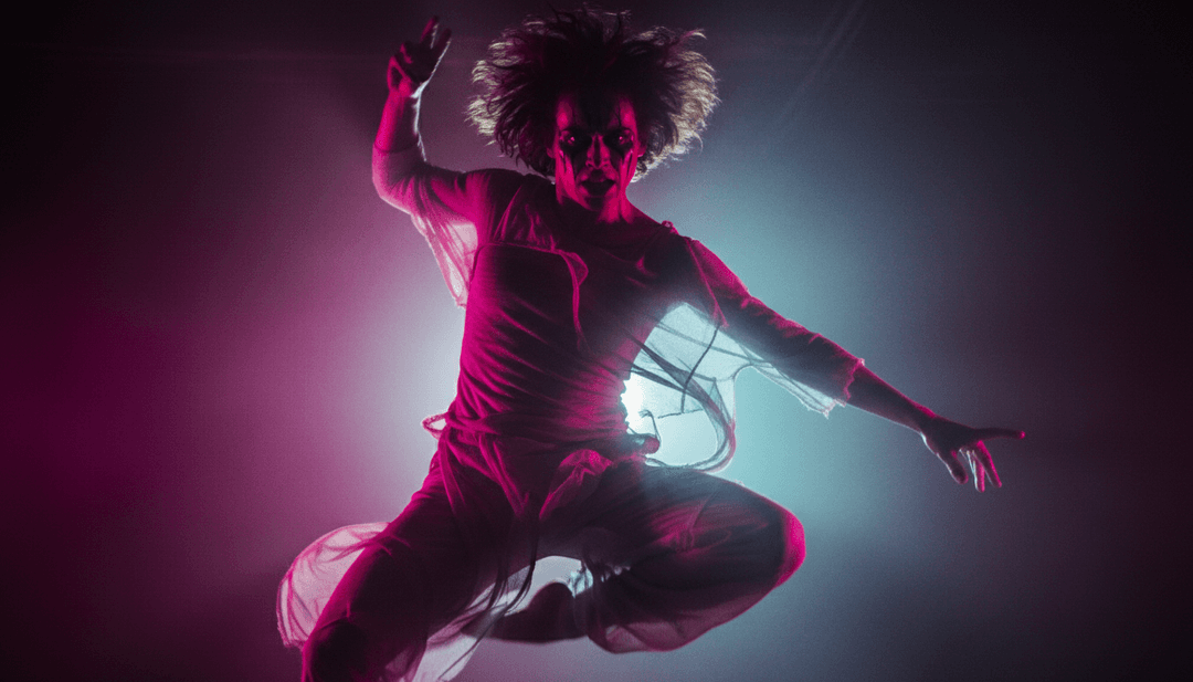 K-pop 음악을 분석하는 AI의 추상적인 시각적 표현, 음파가 감성적인 색상 팔레트와 춤 실루엣으로 변모하는 모습.