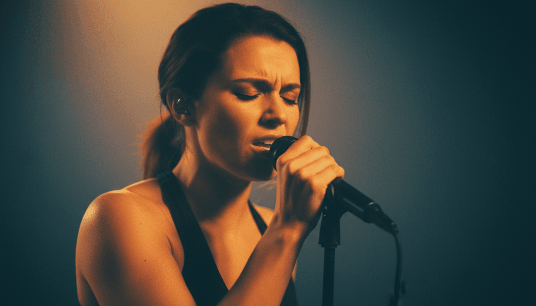 사용자의 손이 미래 지향적인 인터페이스와 상호작용하며 MP3를 업로드하고, AI가 대형 화면에서 독특한 뮤직 비디오를 생성하는 것을 지켜봅니다.