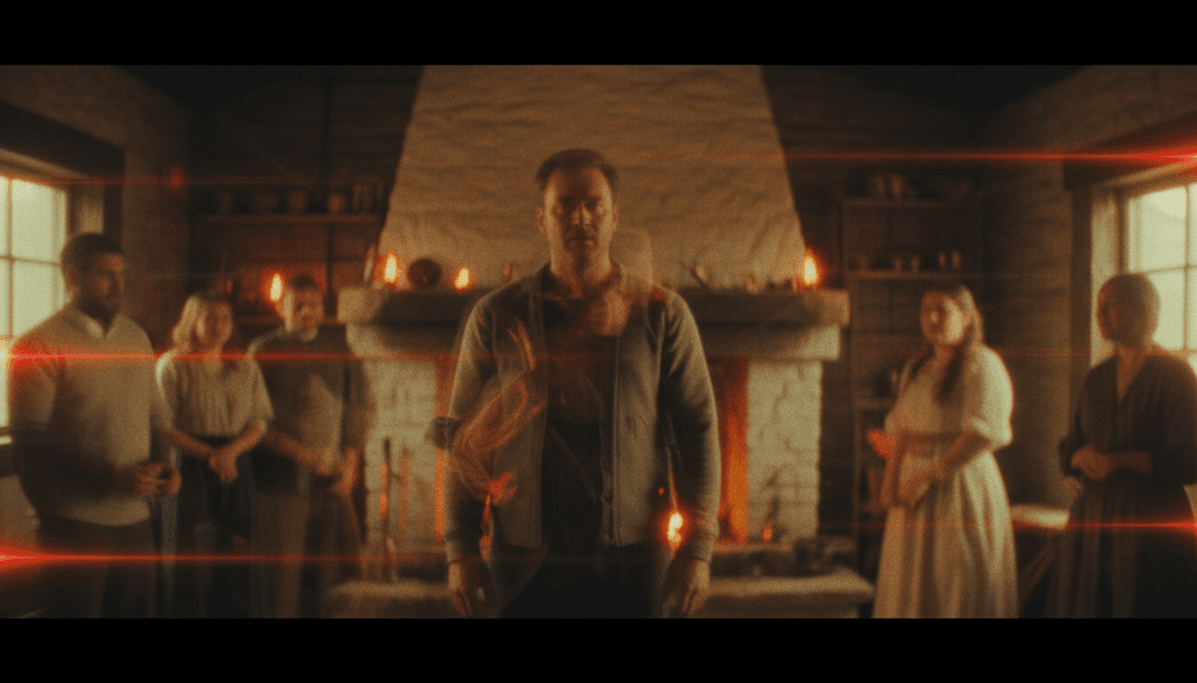 Un video musical terminado y de alta calidad reproduciéndose en una pantalla, mostrando la fusión de IA y música acústica.