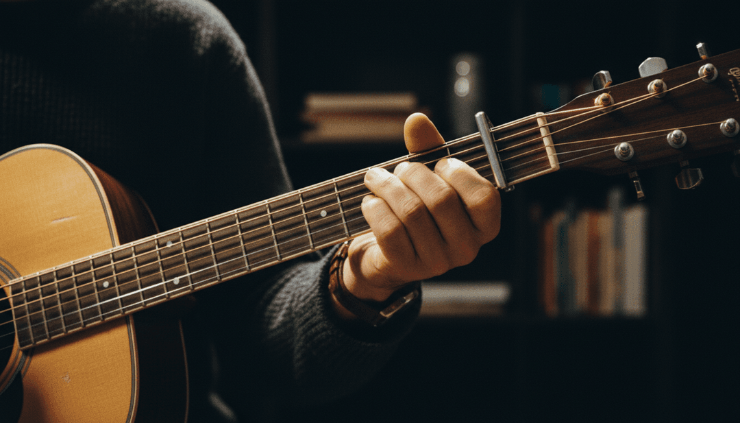 Chance Peña के ध्वनिक गिटार बजाने के दृश्य प्रकृति और आत्मनिरीक्षण के बहते दृश्यों में बदल रहे हैं, जो ऑडियो से वीडियो में संक्रमण को दर्शाते हैं।