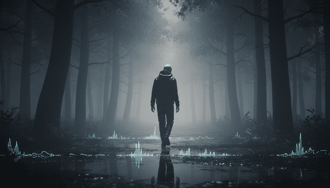 声波结晶成复杂图案的抽象视觉表现,反映电子音乐。