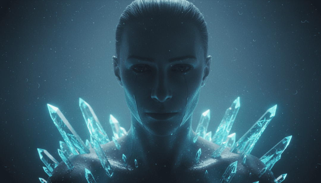 一个耀眼、精致的音乐视频画面,展示了AI为“Crystallise My Tears”生成的独特美学。