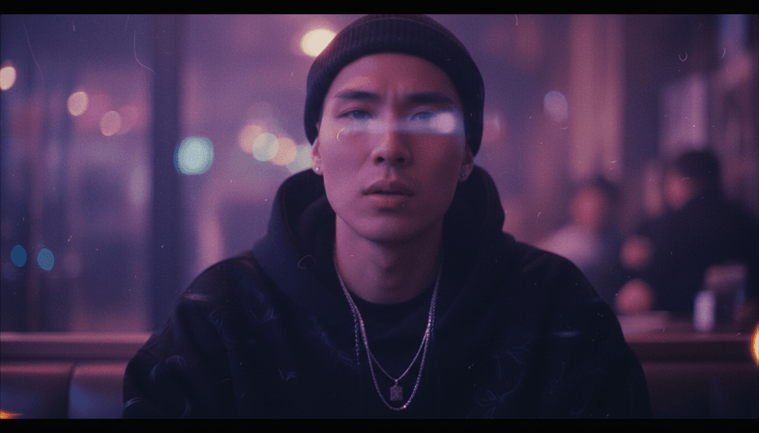 Cenas dinâmicas de videoclipe geradas por IA, exibindo paisagens urbanas, carros velozes e figuras triunfantes para uma música de hip-hop/trap.