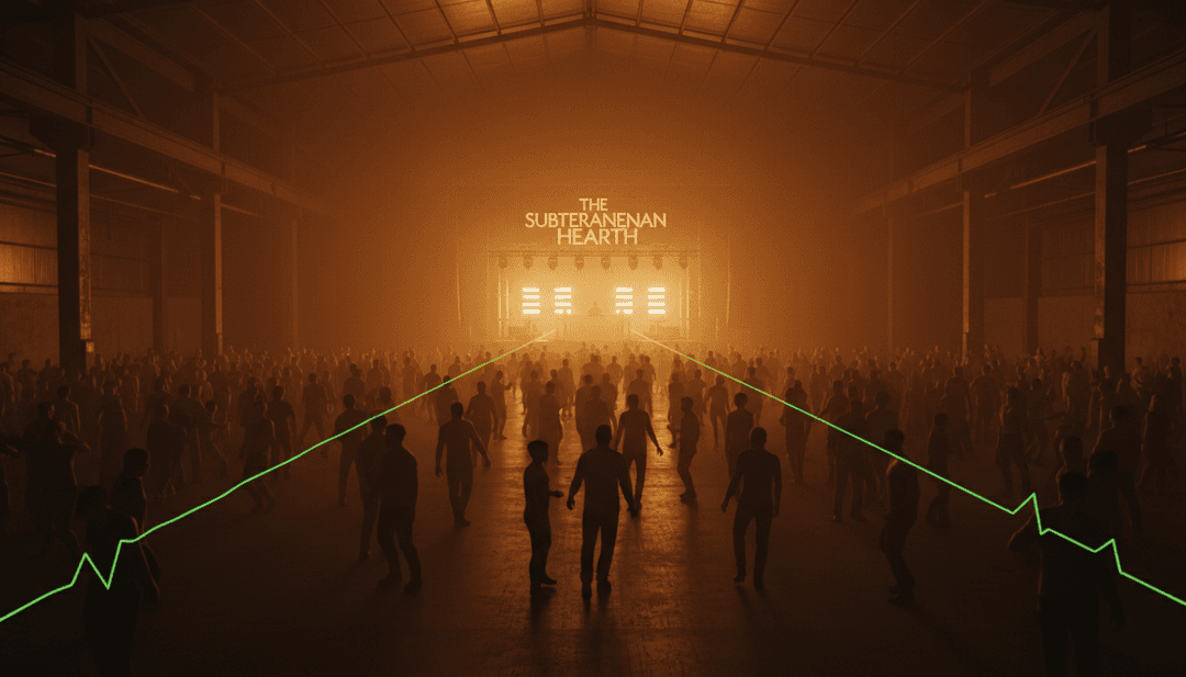 संगीत वीडियो के लिए ध्वनि तरंगों का ज्यामितीय पैटर्न और ऊर्जावान भीड़ के दृश्यों में बदलना का दृश्य प्रतिनिधित्व।