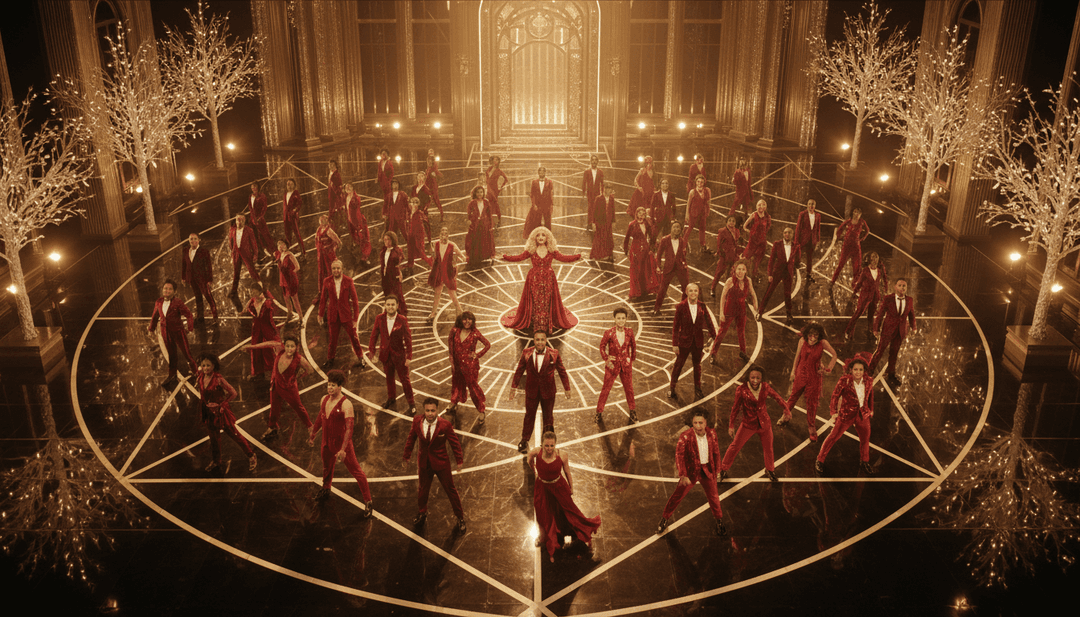 Animación abstracta del rango vocal de Mariah Carey representada por escenas invernales brillantes, nieve cayendo y luces festivas, generadas por IA.