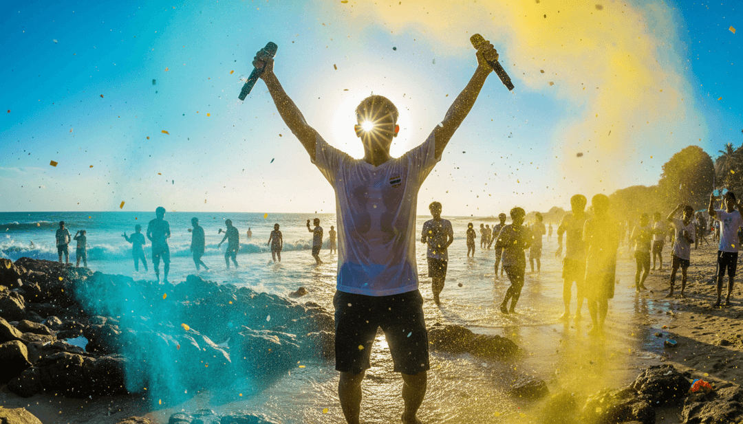 Un gruppo eterogeneo di creatori di contenuti che guarda un video musicale generato professionalmente per 'ทน - สงกรานต์ รีมิกซ์' su un grande schermo, con espressione stupita.