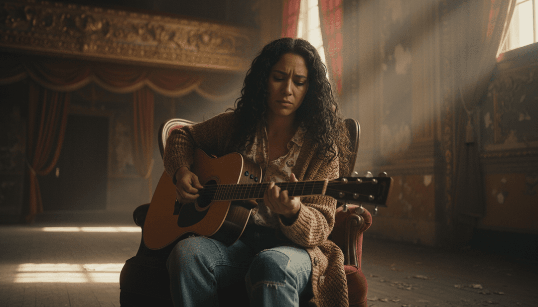 AI che interpreta la profondità emotiva dei testi di 'Shallow' di Lady Gaga e Bradley Cooper, mostrando elementi astratti folk e acoustic pop.