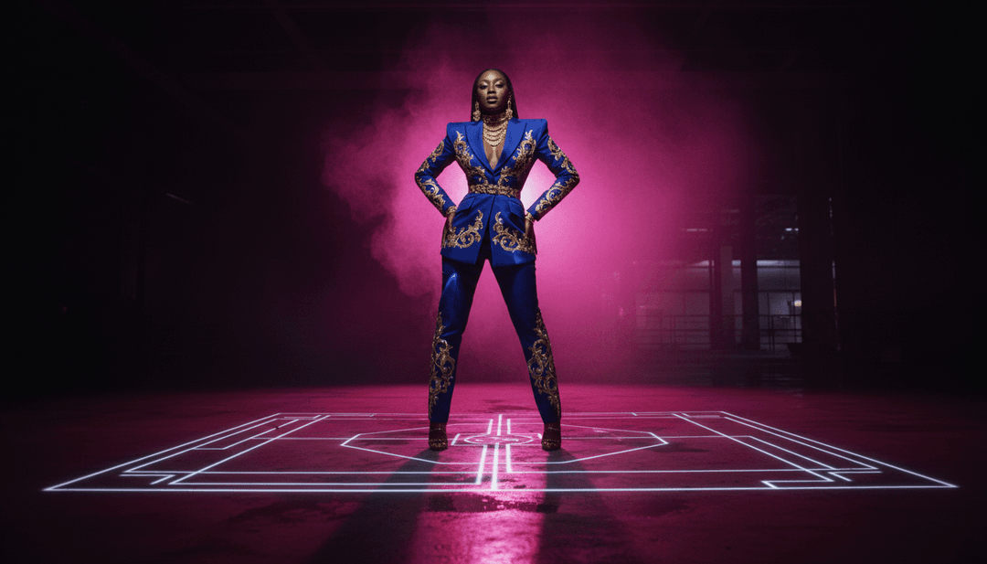 Representação visual abstrata de ondas sonoras transformando-se em cenas urbanas e tropicais dinâmicas, refletindo a música reggaeton e trap