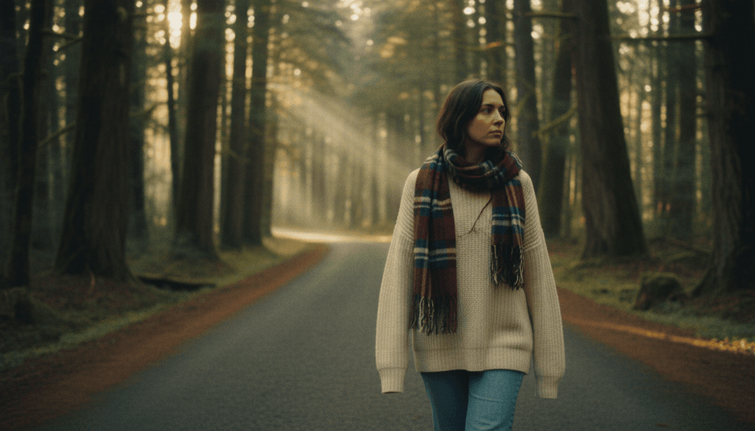 "All Too Well (Taylor's Version)" म्यूज़िक वीडियो के लिए वैचारिक कला, जिसमें पतझड़ के पत्ते, एक लाल स्कार्फ, और एक आरामदायक फिर भी उदास माहौल है, जो freebeat.ai द्वारा जनरेट किया गया है।