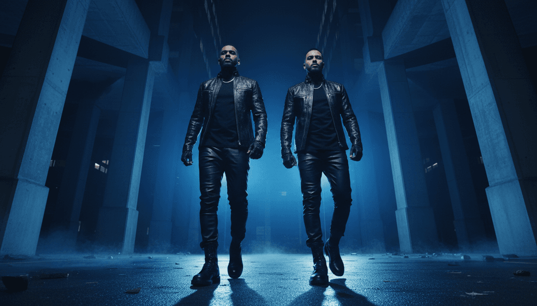 IA analisando a estrutura da música e o clima de 'Blaues Licht' de RAF Camora e Bonez MC, mostrando ondas sonoras se transformando em visuais abstratos de luz azul