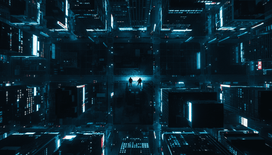 Visuais dinâmicos de paisagens urbanas noturnas, iluminadas por luzes neon azuis, sincronizadas com batidas de hip-hop e letras de 'Blaues Licht'