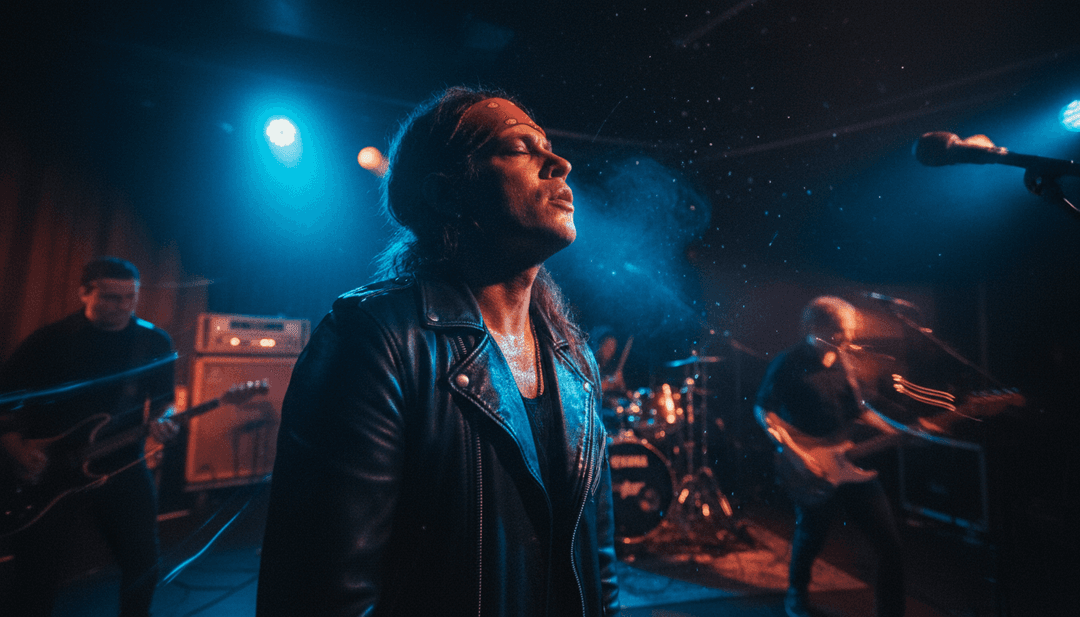 Visuais dinâmicos de um solo de guitarra transformando-se em arte abstrata, representando a conversão de música para vídeo.