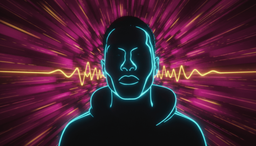 Ein Benutzer erstellt selbstbewusst ein KI-Musikvideo auf einem Laptop, mit dynamischer Videobearbeitungssoftware auf dem Bildschirm und abstrakten Musiknoten im Hintergrund, was kreative Ermächtigung symbolisiert.