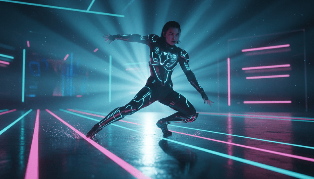 Dynamische Visuals mit Blitzlichtern, Raucheffekten und abstrakten Figuren, die sich mit `music lyrics` für das "Goosebumps - Remix" Video verbinden.