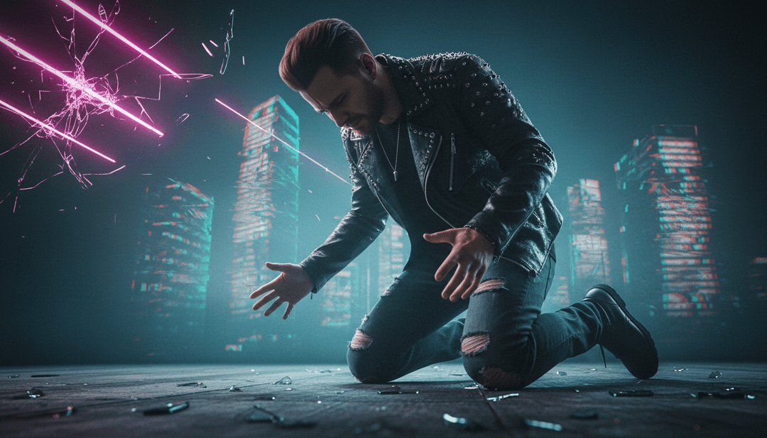 Dynamische Szenen einer Måneskin-inspirierten Rockband, die 'Beggin'' performt, mit Visuals, die die rohe Energie des Songs widerspiegeln, generiert von KI