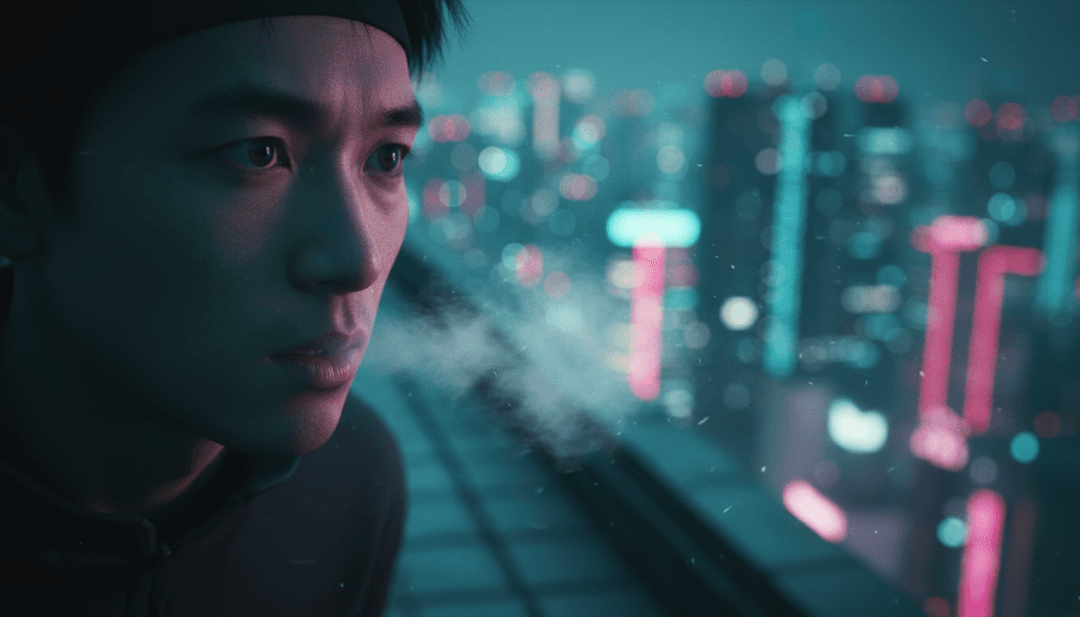 YOASOBI के '夜に駆ける' जे-पॉप हिट की प्रेरक लय और ऊँची आवाज़ से प्रेरित एआई-जनित अमूर्त कला, जो रात में एक भविष्य के शहर को दर्शाती है।