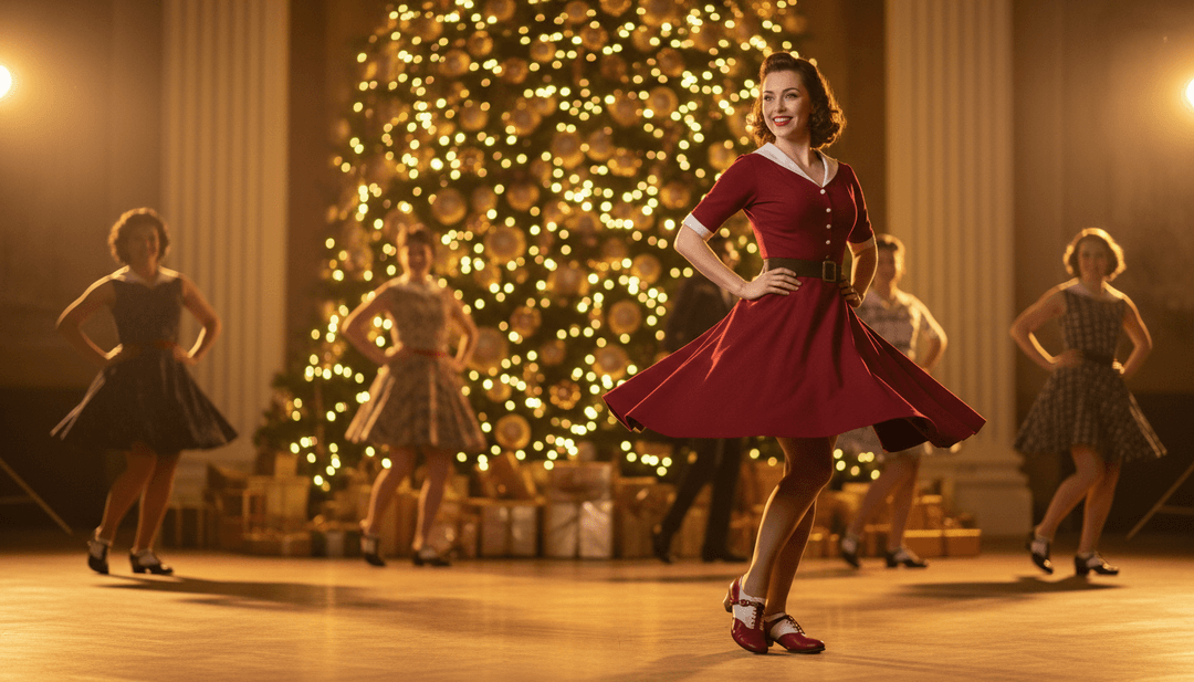 Eine feierliche Schlussaufnahme eines atemberaubenden, KI-generierten Musikvideos für 'Rockin' Around The Christmas Tree', das lebhafte Weihnachtsparty-Szenen mit dynamischen Texteinblendungen zeigt.