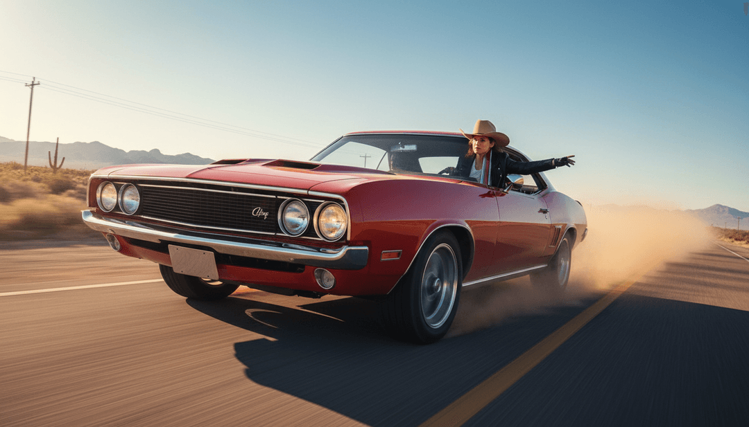 Ella Langley의 'Choosin' Texas'를 위한 AI 생성 개념 비주얼로, 지평선까지 뻗어있는 햇살 가득한 텍사스 고속도로가 선택과 자유를 상징합니다.