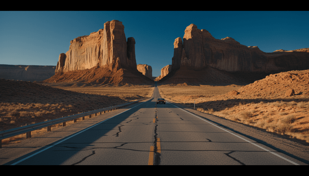 'Choosin' Texas'를 위한 AI 생성 장면으로, 활기찬 텍사스 석양을 배경으로 실루엣 처리된 빈티지 픽업트럭과 승마자들이 노래의 컨트리적 뿌리를 반영합니다.