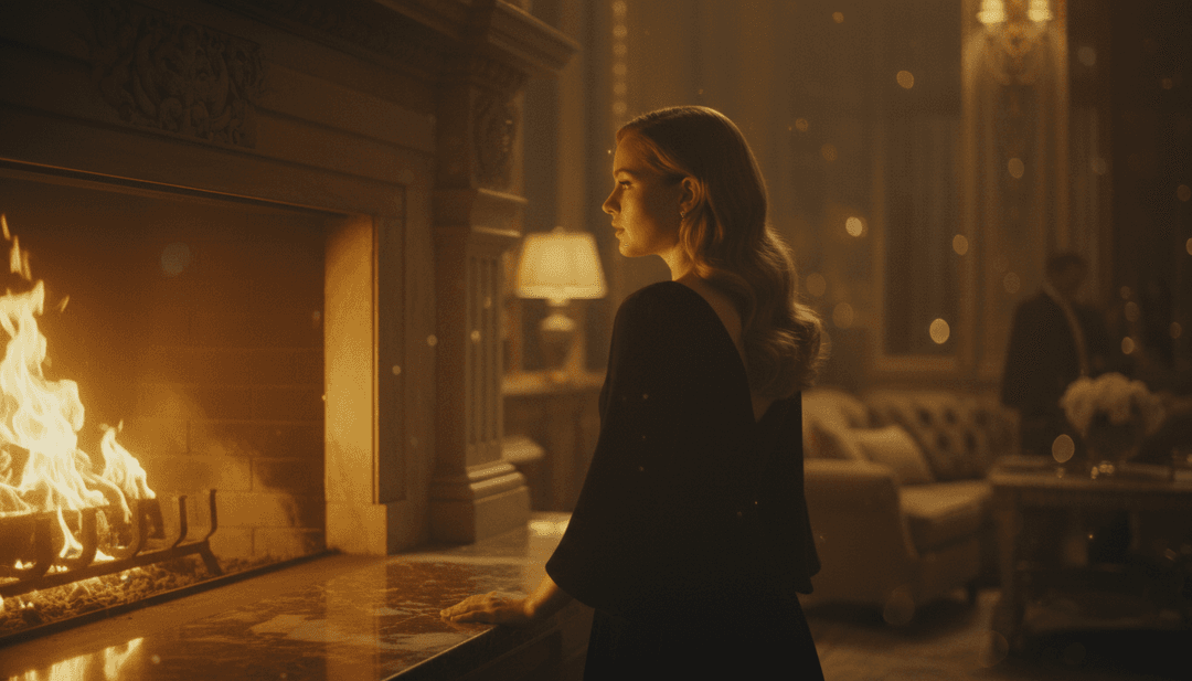 溫馨舒適的客廳裝飾著聖誕節日的氛圍,壁爐反映出 Nat King Cole 的「The Christmas Song」的溫暖感受。