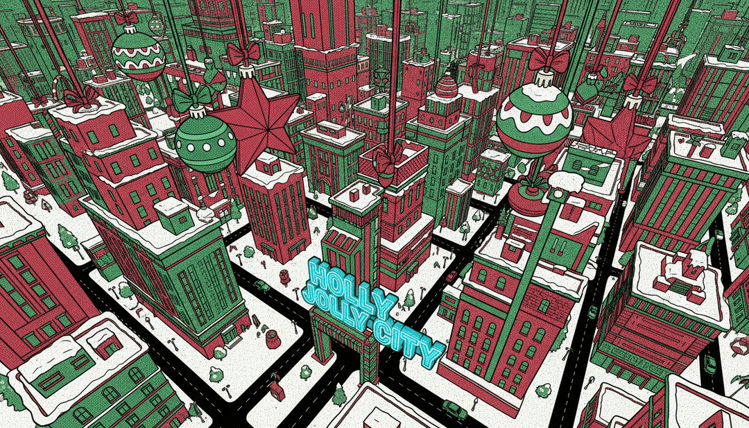 Visual generado por IA de una escena festiva con luces parpadeantes, nieve y una vibrante caja de regalo, representando la esencia de la canción navideña de Kelly Clarkson.