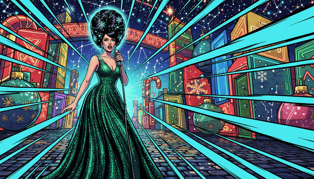 Visualización dinámica de IA de copos de nieve animados formando patrones intrincados, secuencias vibrantes de apertura de regalos y una acogedora escena de sala de estar, sincronizada con el ritmo de "Underneath the Tree".