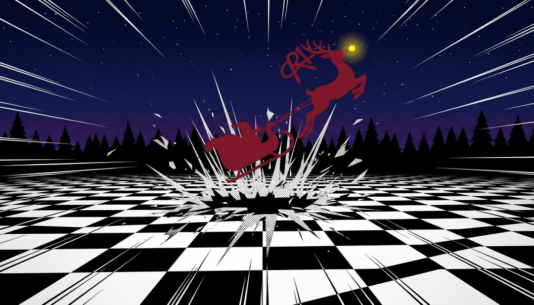 KI interpretiert die Rock'n'Roll-Energie von Chuck Berry's 'Run Rudolph Run' mit Vintage-Weihnachtsbeleuchtung und einer dynamischen Bühne