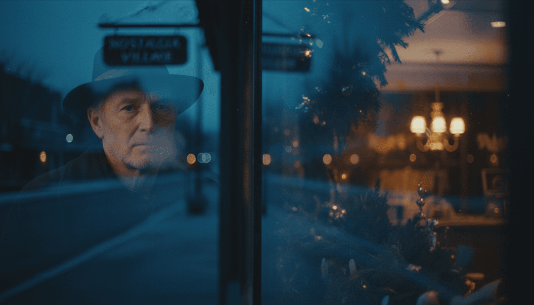 Scene dinamiche generate dall'AI per 'Blue Christmas', che mostrano ambientazioni natalizie nostalgiche mescolate con elementi visivi espressivi e malinconici.