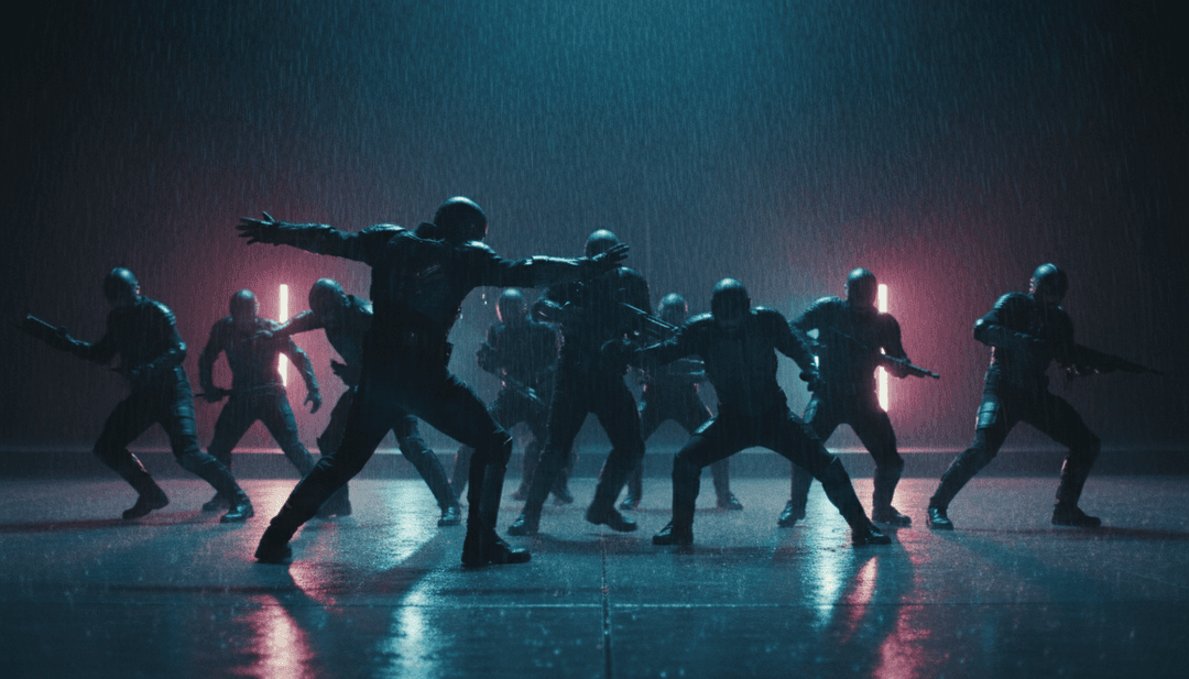 Visuelle Darstellung, wie freebeat.ai spezifische Audioelemente wie 808-Bass und schnelle Hi-Hats aus 'How It’s Done' in kinetische Grafiken und intensive urbane visuelle Effekte umwandelt.