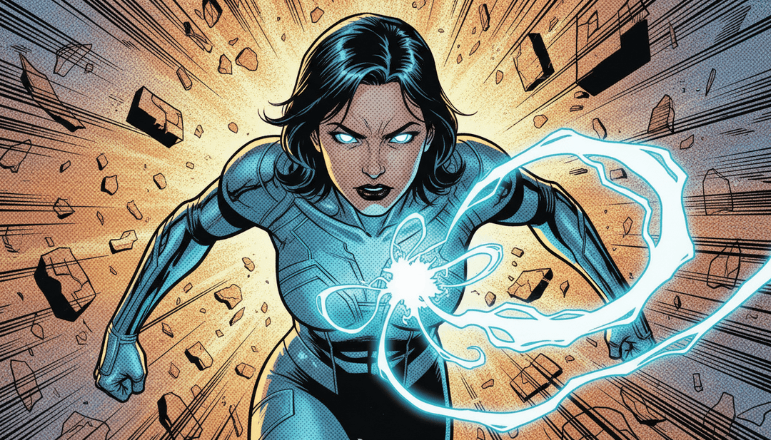 Eine letzte Aufnahme einer triumphierenden, gestärkten Figur, um die magische Energie wirbelt, symbolisiert das fertiggestellte KI-generierte Musikvideo.