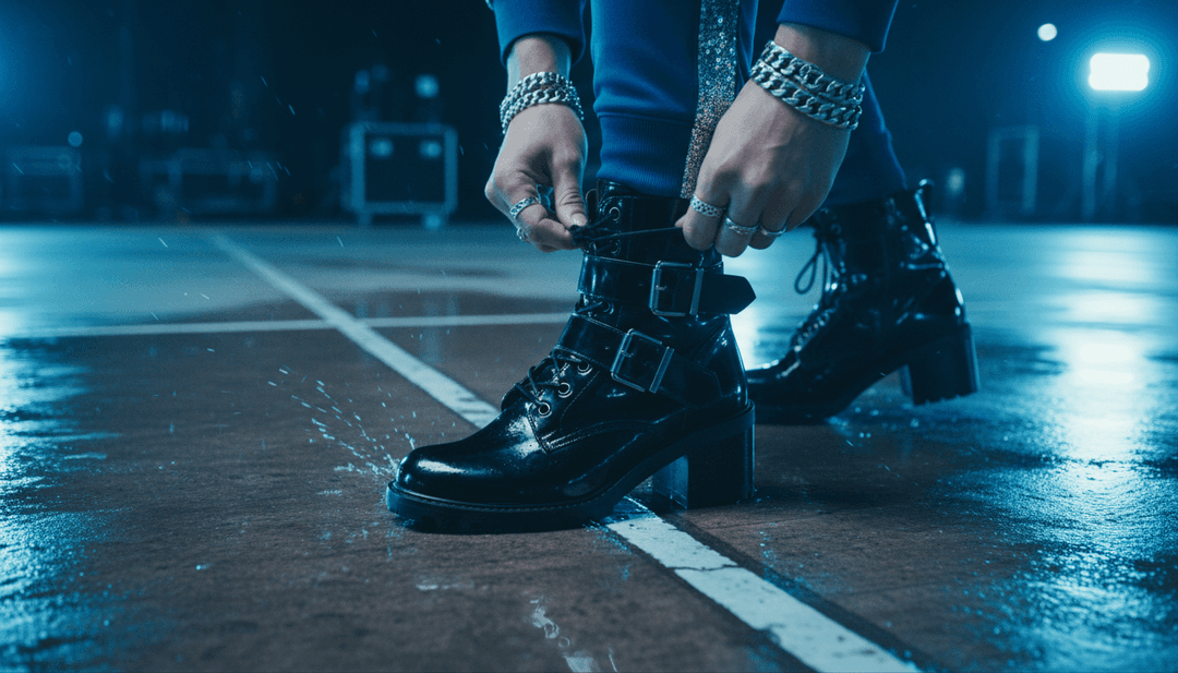 Art numérique dépeignant une lumière scintillante se reflétant sur un chemin, symbolisant l'exploration émotionnelle et la quête d'identité, inspiré par 'TRYING ON SHOES' de Tate McRae.