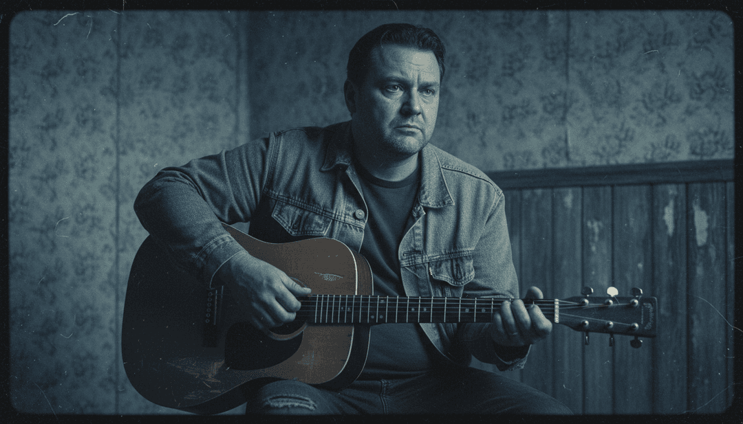 Système d'IA analysant les accords de guitare country complexes et les formes d'onde vocales sincères de 'House Again' par Hudson Westbrook, avec une imagerie rurale subtile en arrière-plan.