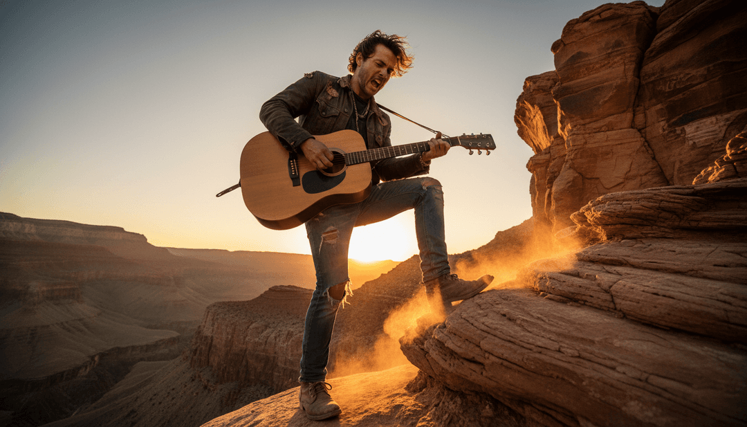 IA convertendo elementos de áudio como riffs de guitarra e harmonias vocais em sequências visuais dinâmicas para um videoclipe.