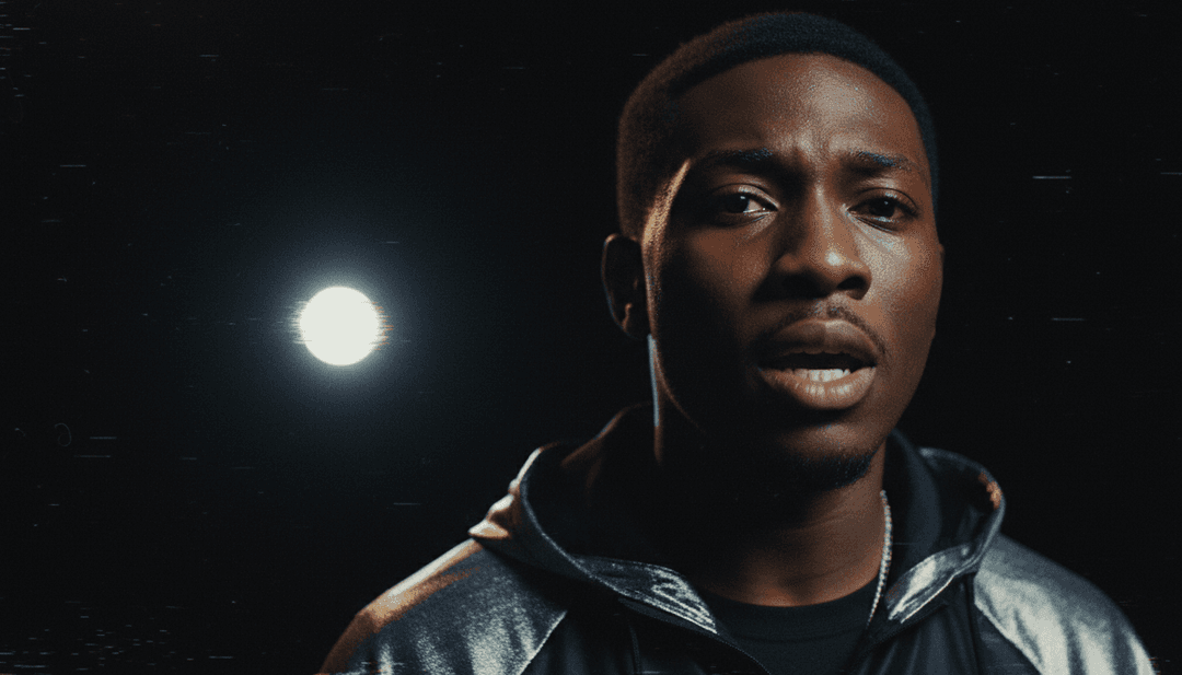 Visualizador dinâmico mostrando padrões de batidas intrincados transformando-se em cenas de rua urbanas e tipografia cinética, representando freebeat.ai gerando visuais para 'stick'.