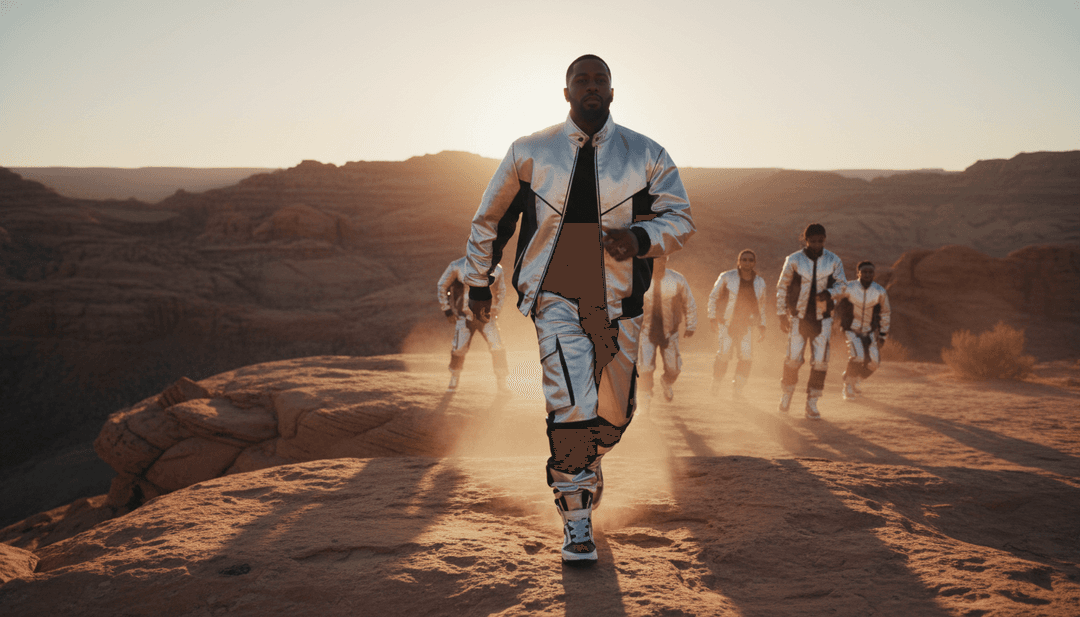 नियोन सिटीस्केप और कैरेक्टर सिल्हूट्स के साथ एक ट्रैप बीट ड्रॉप का गतिशील विज़ुअल प्रतिनिधित्व, AI द्वारा उत्पन्न।