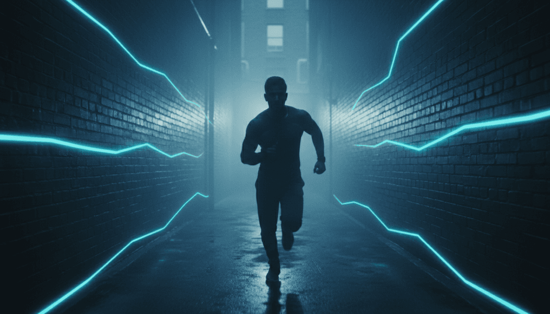 एक गहरे इलेक्ट्रॉनिक बास ड्रॉप पर प्रतिक्रिया करते गतिशील विज़ुअलाइज़र, घूमते हुए नियॉन पैटर्न और एक प्रकाश-भरी जगह में नृत्य करती एक आकृति के साथ।