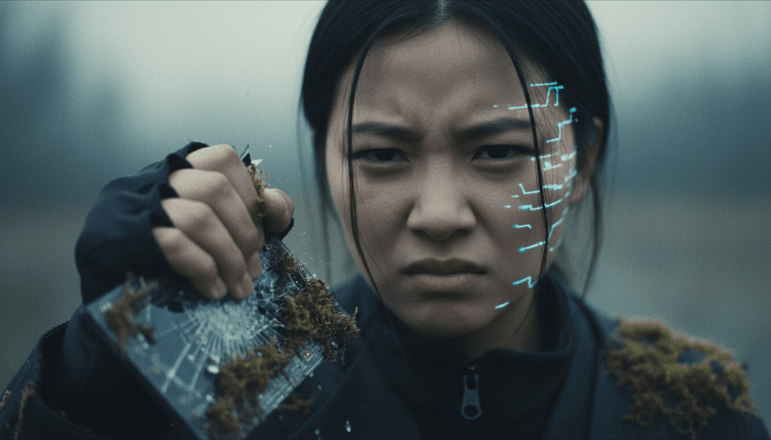 Uma representação abstrata de ondas sonoras e pontos de dados emocionais sendo analisados por IA para a música PROMISE de DAMEDAME*.