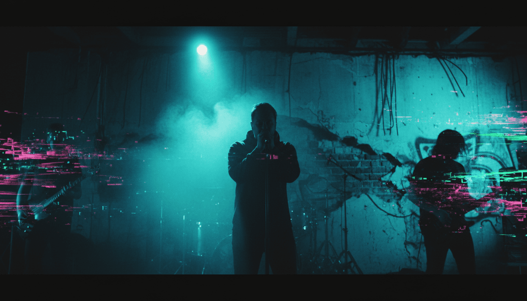 高能量音樂影片的最後一幕,一支搖滾樂團在巨大的舞台上表演,配以戲劇性的燈光和煙霧效果,象徵著強而有力的結局。