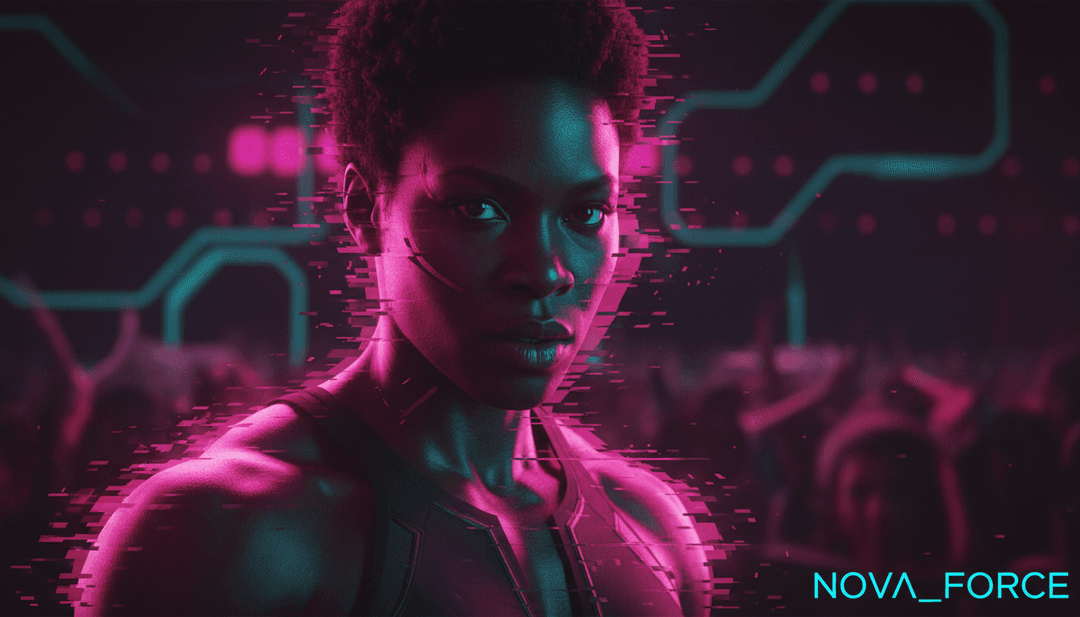 IA interpretando complejas ondas sonoras de N.O.V.A de Nova Twins, con una estética grunge y futurista.