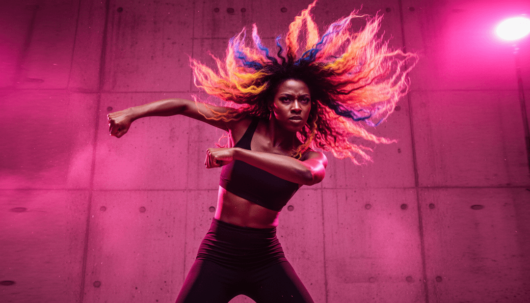 Escena de video musical dinámica generada por IA, con visuales urbanos de ritmo rápido, luces distorsionadas y figuras moviéndose al ritmo de un beat pesado.